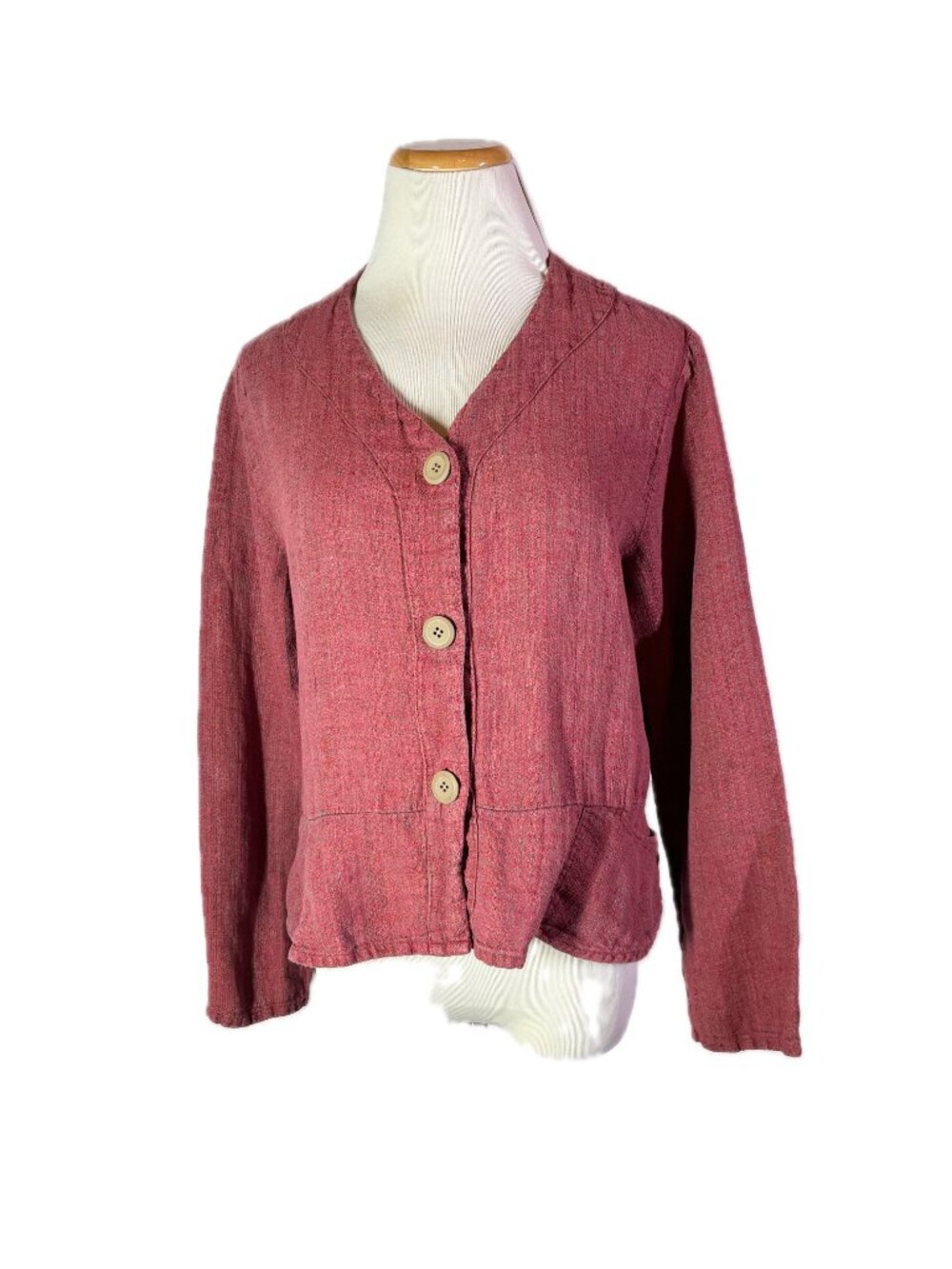 FLAX Size S Button-Front Peplum Jacket Pink Red Green Linen *Flaw